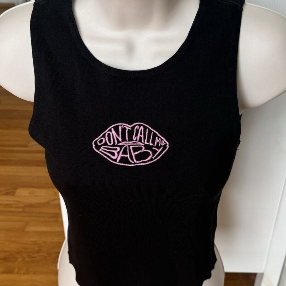 Brandy Melville Black Tank Top with Pink Embroidery